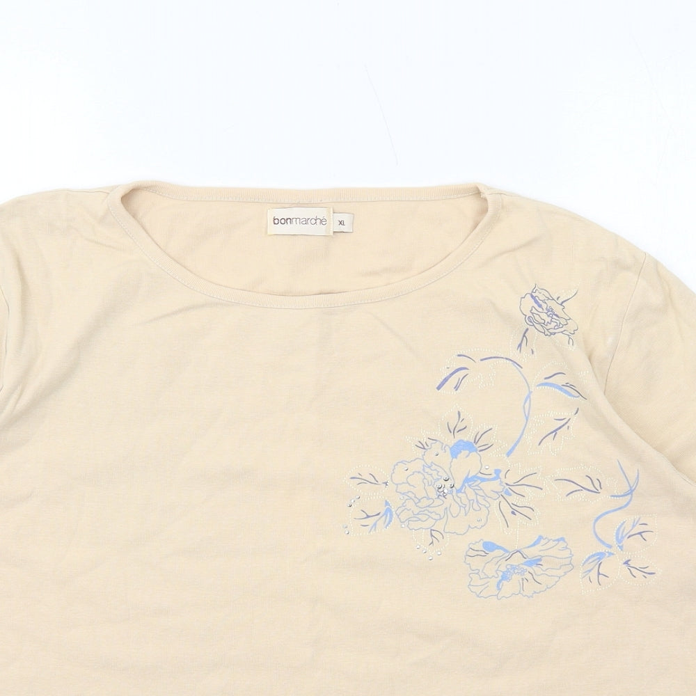 Bonmarché Womens Beige Cotton Basic T-Shirt Size XL Round Neck - Flower Detail
