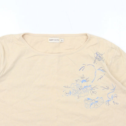 Bonmarché Womens Beige Cotton Basic T-Shirt Size XL Round Neck - Flower Detail