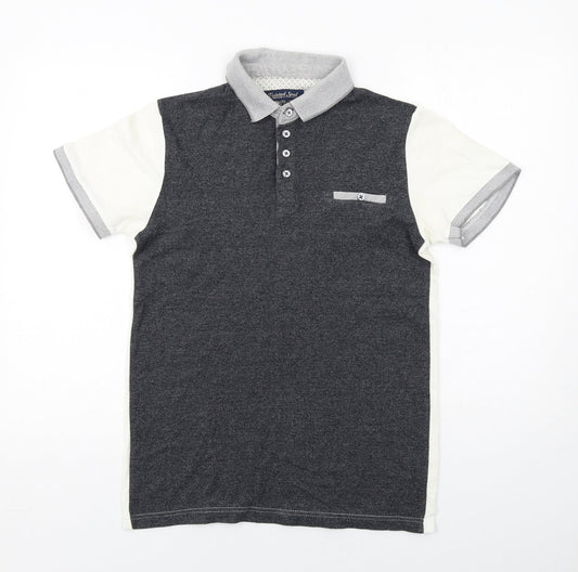 Twisted Soul Mens Grey Colourblock Cotton Polo Size XS Collared Button