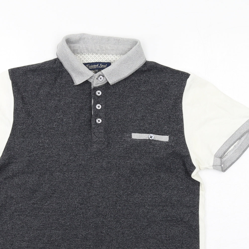 Twisted Soul Mens Grey Colourblock Cotton Polo Size XS Collared Button