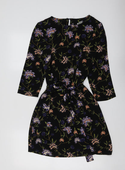 H&M Womens Black Floral Polyester A-Line Size 10 Round Neck Button