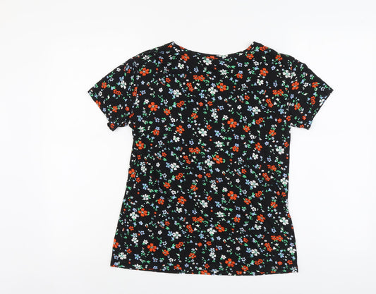 Dorothy Perkins Womens Black Floral Viscose Basic T-Shirt Size 10 Round Neck - Comme Ci Comme Ca