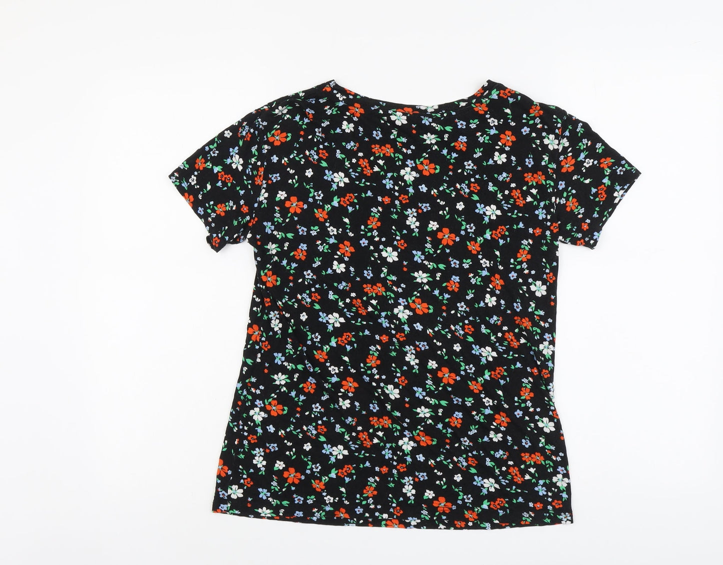 Dorothy Perkins Womens Black Floral Viscose Basic T-Shirt Size 10 Round Neck - Comme Ci Comme Ca