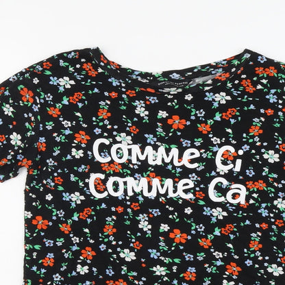 Dorothy Perkins Womens Black Floral Viscose Basic T-Shirt Size 10 Round Neck - Comme Ci Comme Ca