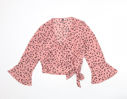 Divided by H&M Womens Pink Animal Print Polyester Wrap Blouse Size 10 V-Neck - Leopard Print