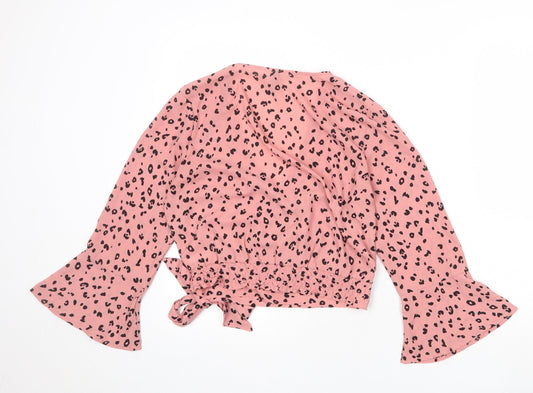 Divided by H&M Womens Pink Animal Print Polyester Wrap Blouse Size 10 V-Neck - Leopard Print