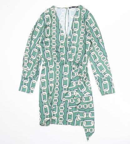 Zara Womens Green Geometric Polyester A-Line Size XS V-Neck Zip