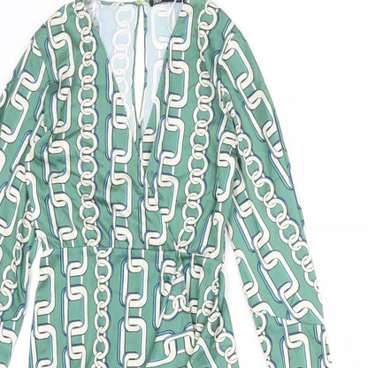 Zara Womens Green Geometric Polyester A-Line Size XS V-Neck Zip
