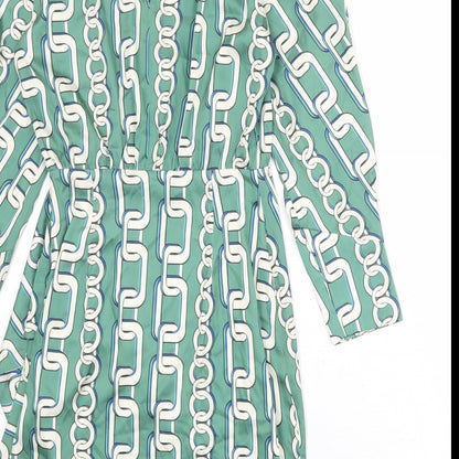 Zara Womens Green Geometric Polyester A-Line Size XS V-Neck Zip
