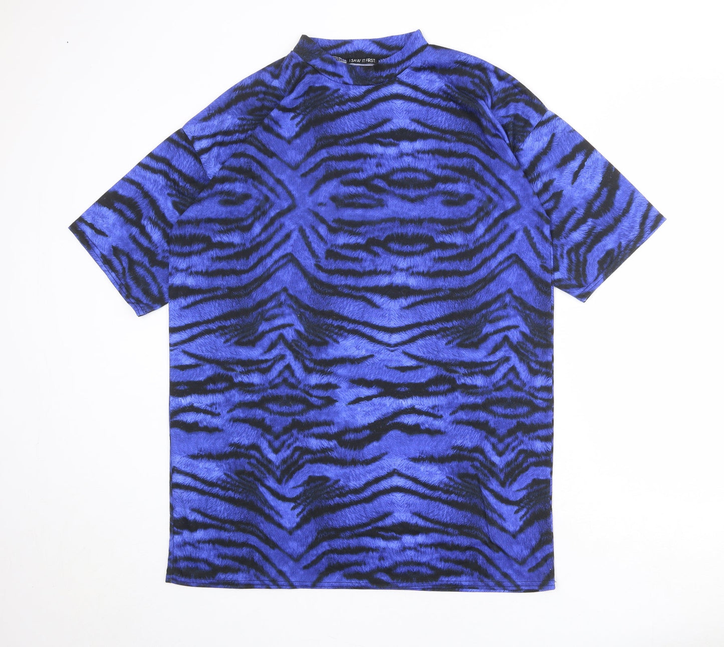 I SAW IT FIRST Womens Blue Animal Print Polyester T-Shirt Dress Size 6 Round Neck Pullover - Tiger Pattern