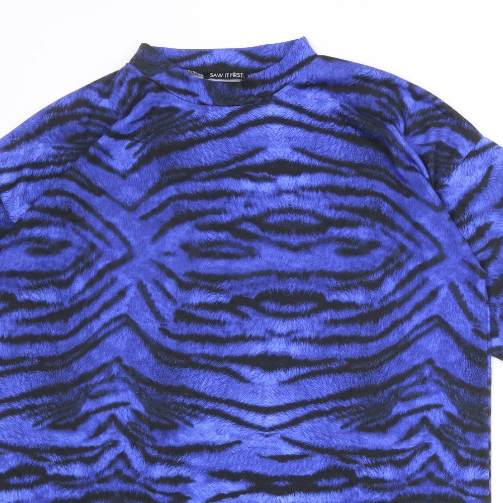 I SAW IT FIRST Womens Blue Animal Print Polyester T-Shirt Dress Size 6 Round Neck Pullover - Tiger Pattern