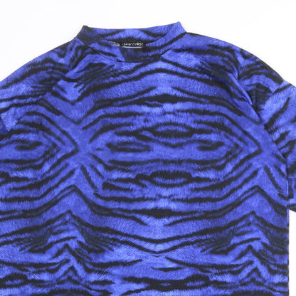 I SAW IT FIRST Womens Blue Animal Print Polyester T-Shirt Dress Size 6 Round Neck Pullover - Tiger Pattern