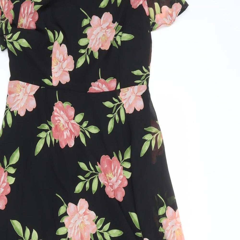 Dorothy Perkins Womens Black Floral Polyester Maxi Size 6 Round Neck Zip