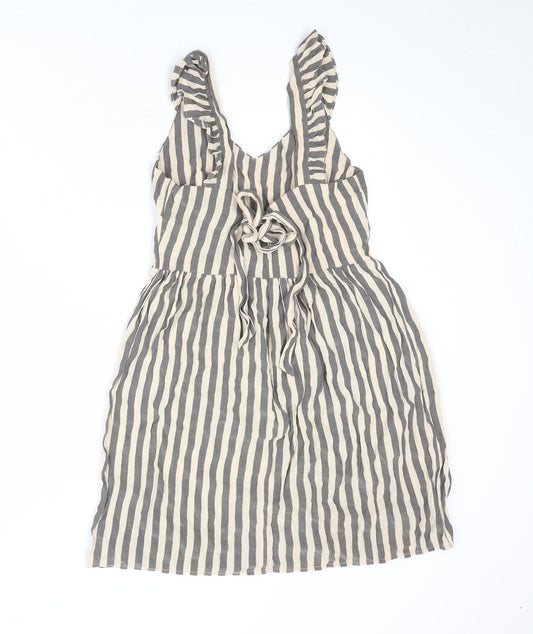 QED London Womens Beige Striped Rayon Tank Dress Size 8 V-Neck Tie