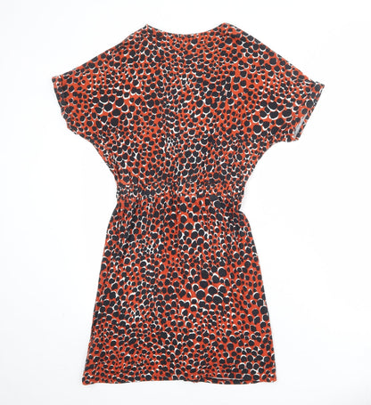 Warehouse Womens Orange Animal Print Viscose T-Shirt Dress Size 6 Round Neck Pullover - Cheetah Pattern
