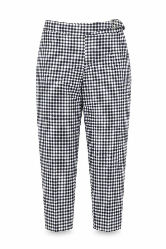 Front view of ASOS women’s blue check viscose carrot trousers, size UK 6, regular zip