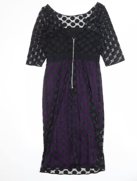 Gina Bacconi Womens Black Polka Dot Polyamide Shift Size 8 Round Neck Zip