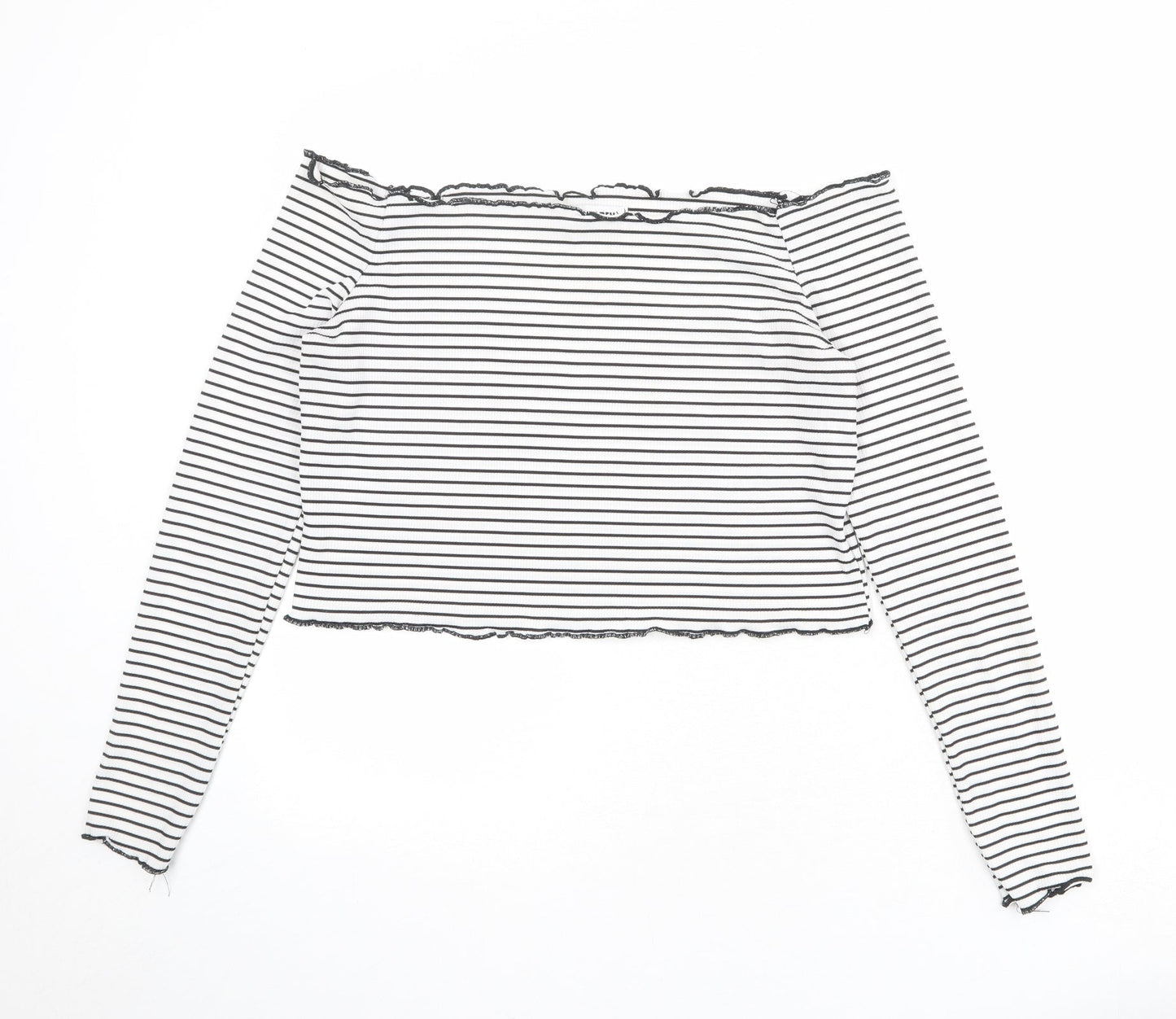 The Rockn Rev Womens White Striped Polyester Cropped Blouse Size 14 Off the Shoulder - Lettuce Hem