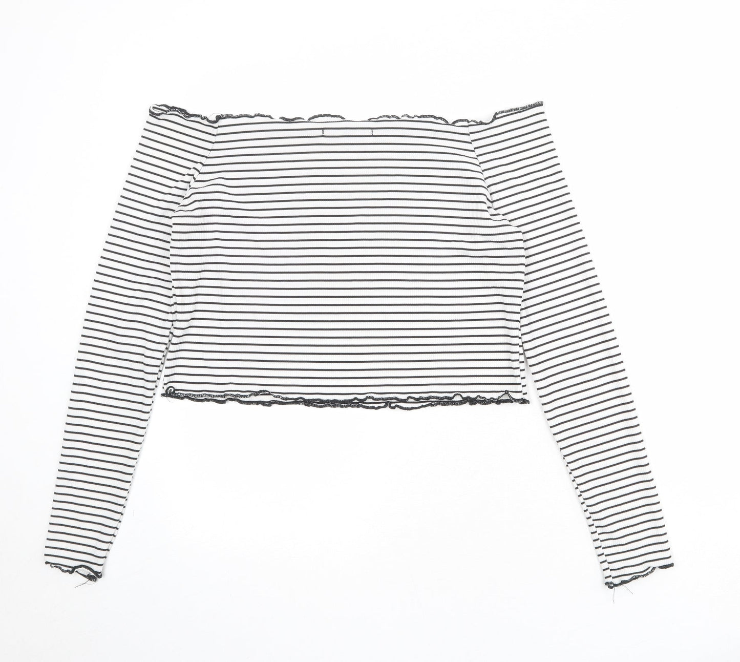 The Rockn Rev Womens White Striped Polyester Cropped Blouse Size 14 Off the Shoulder - Lettuce Hem
