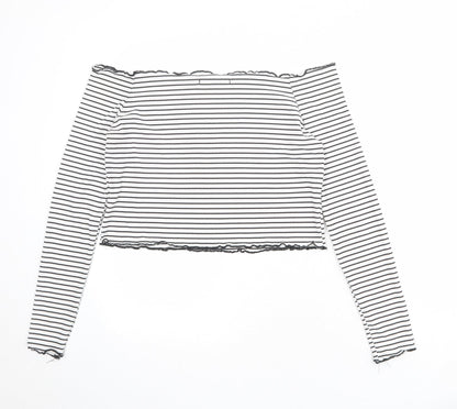 The Rockn Rev Womens White Striped Polyester Cropped Blouse Size 14 Off the Shoulder - Lettuce Hem