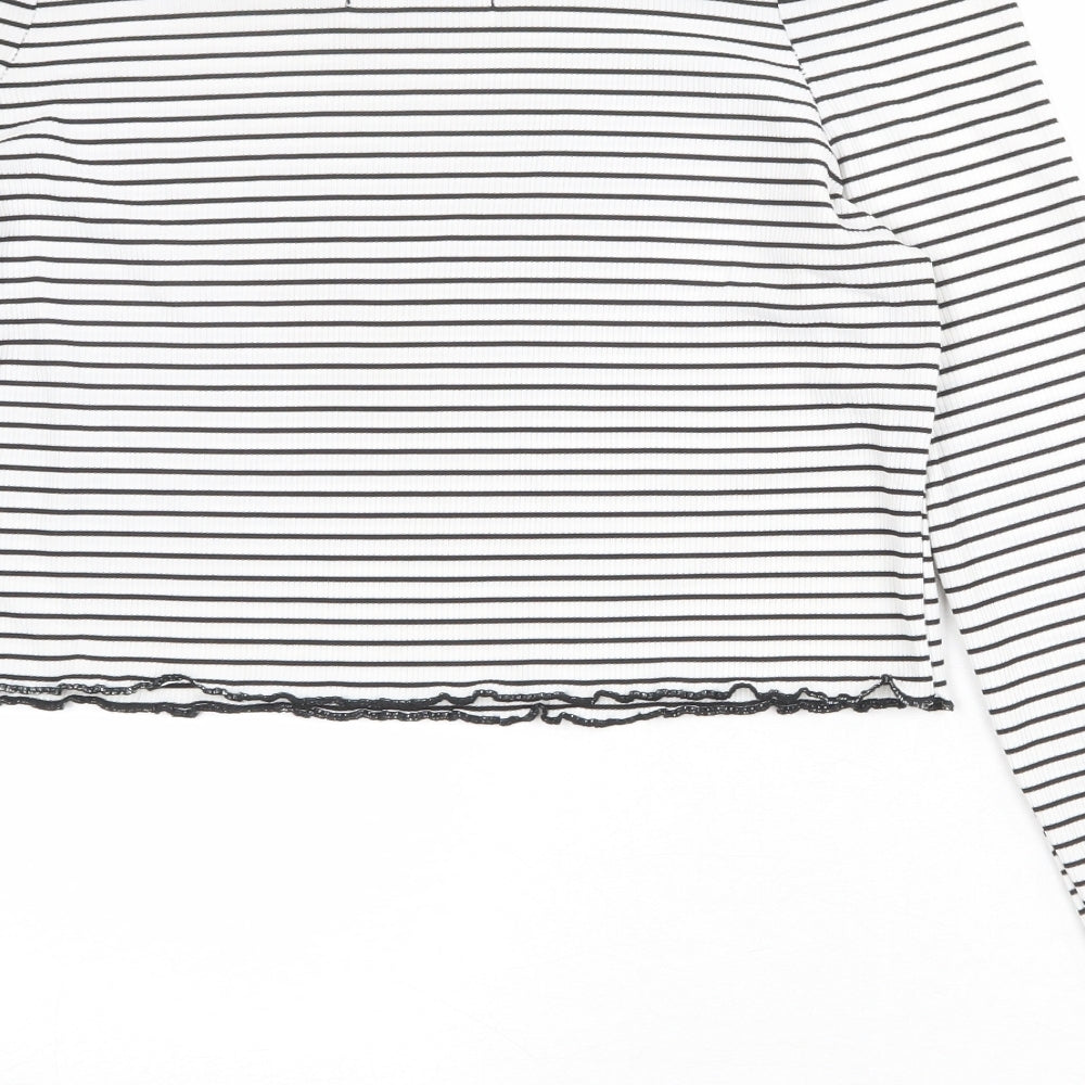 The Rockn Rev Womens White Striped Polyester Cropped Blouse Size 14 Off the Shoulder - Lettuce Hem