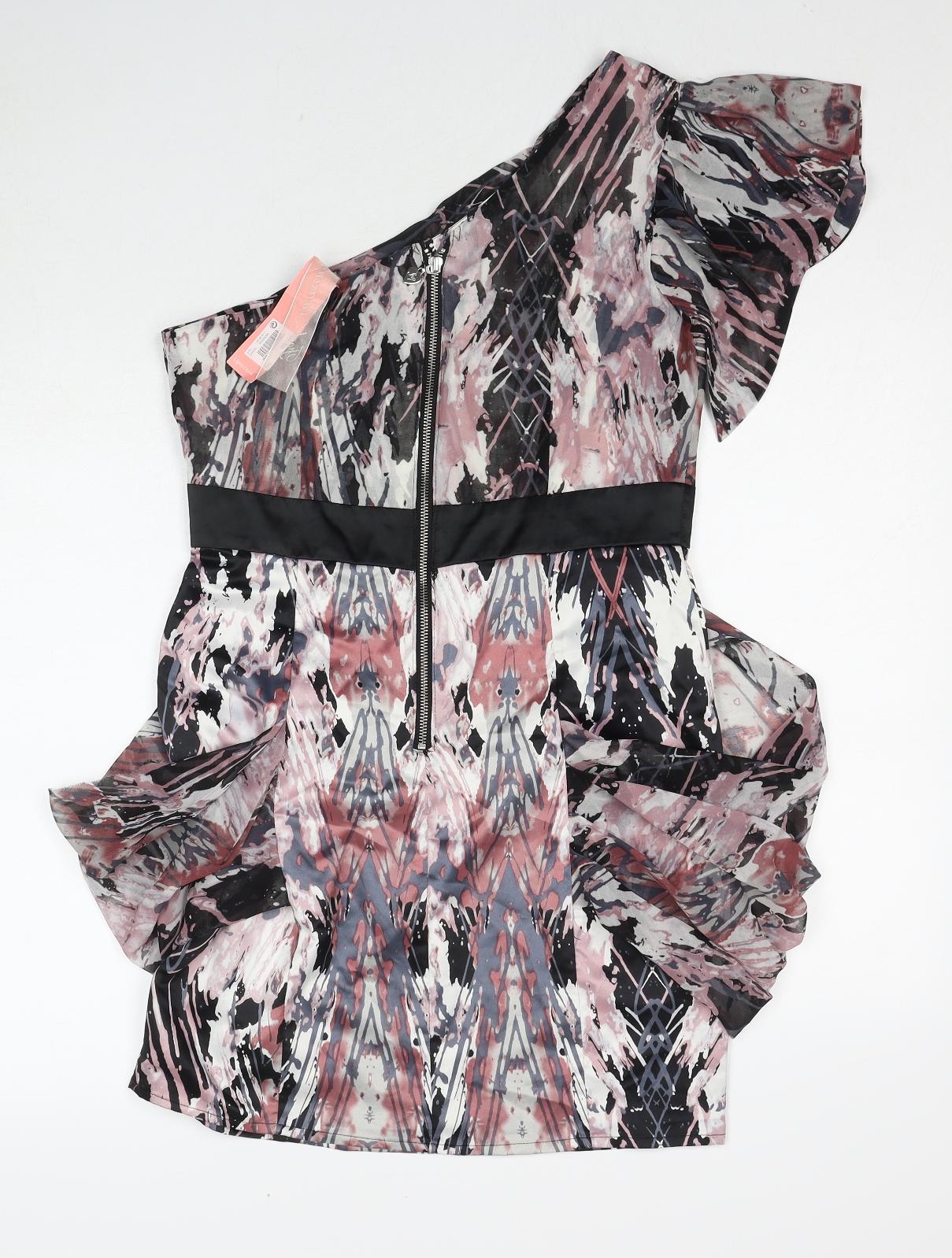 Lipsy Womens Multicoloured Geometric Polyester A-Line Size 12 One Shoulder Zip