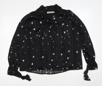 Lucy Wang Womens Black Geometric Polyester Basic Blouse Size S V-Neck - Star Pattern