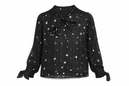 Lucy Wang Womens Black Geometric Polyester Basic Blouse Size S V-Neck - Star Pattern