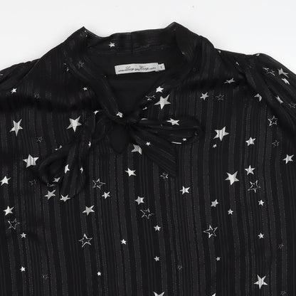 Lucy Wang Womens Black Geometric Polyester Basic Blouse Size S V-Neck - Star Pattern
