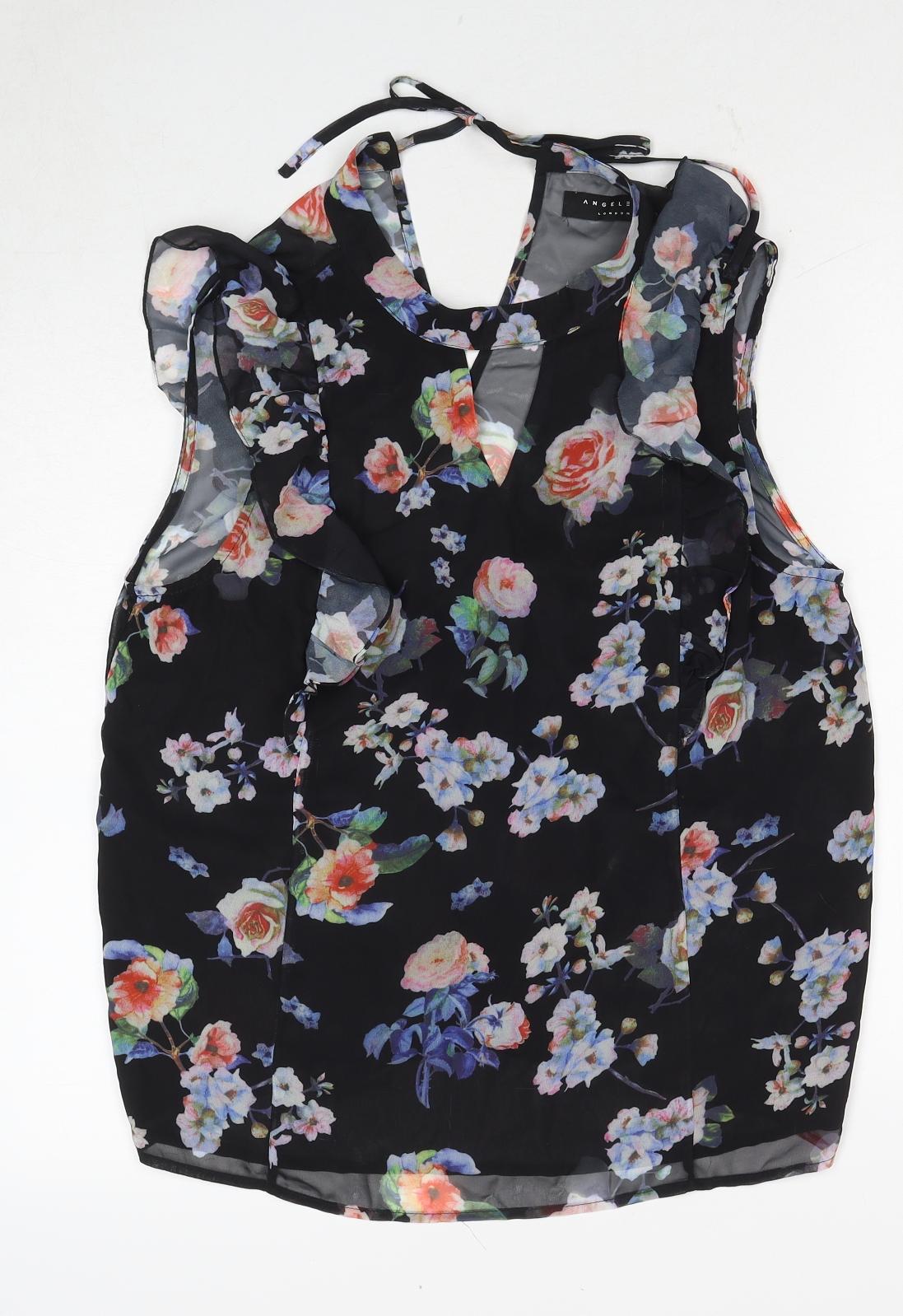 Angeleye Womens Black Floral Polyester Basic Blouse Size 14 Round Neck