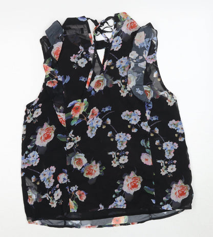 Angeleye Womens Black Floral Polyester Basic Blouse Size 14 Round Neck