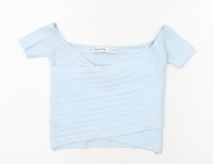 Womens UK Size M Bershka Blue Cropped T-Shirt