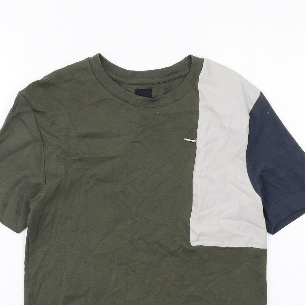 River Island Mens Green Colourblock Cotton T-Shirt Size XS Round Neck