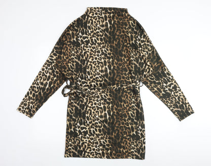 PRETTYLITTLETHING Womens Multicoloured Animal Print Polyester Fit & Flare Size 6 Mock Neck Tie - Leopard Print