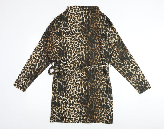 PRETTYLITTLETHING Womens Multicoloured Animal Print Polyester Fit & Flare Size 6 Mock Neck Tie - Leopard Print