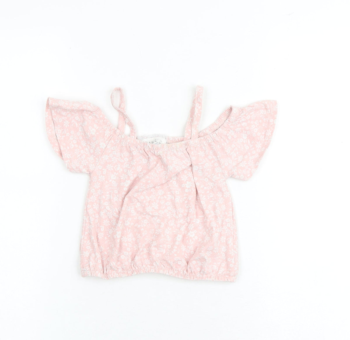 Additional front view of Btween girls’ pink floral cotton basic blouse, size 6, years round neck pullover - cold shoulder