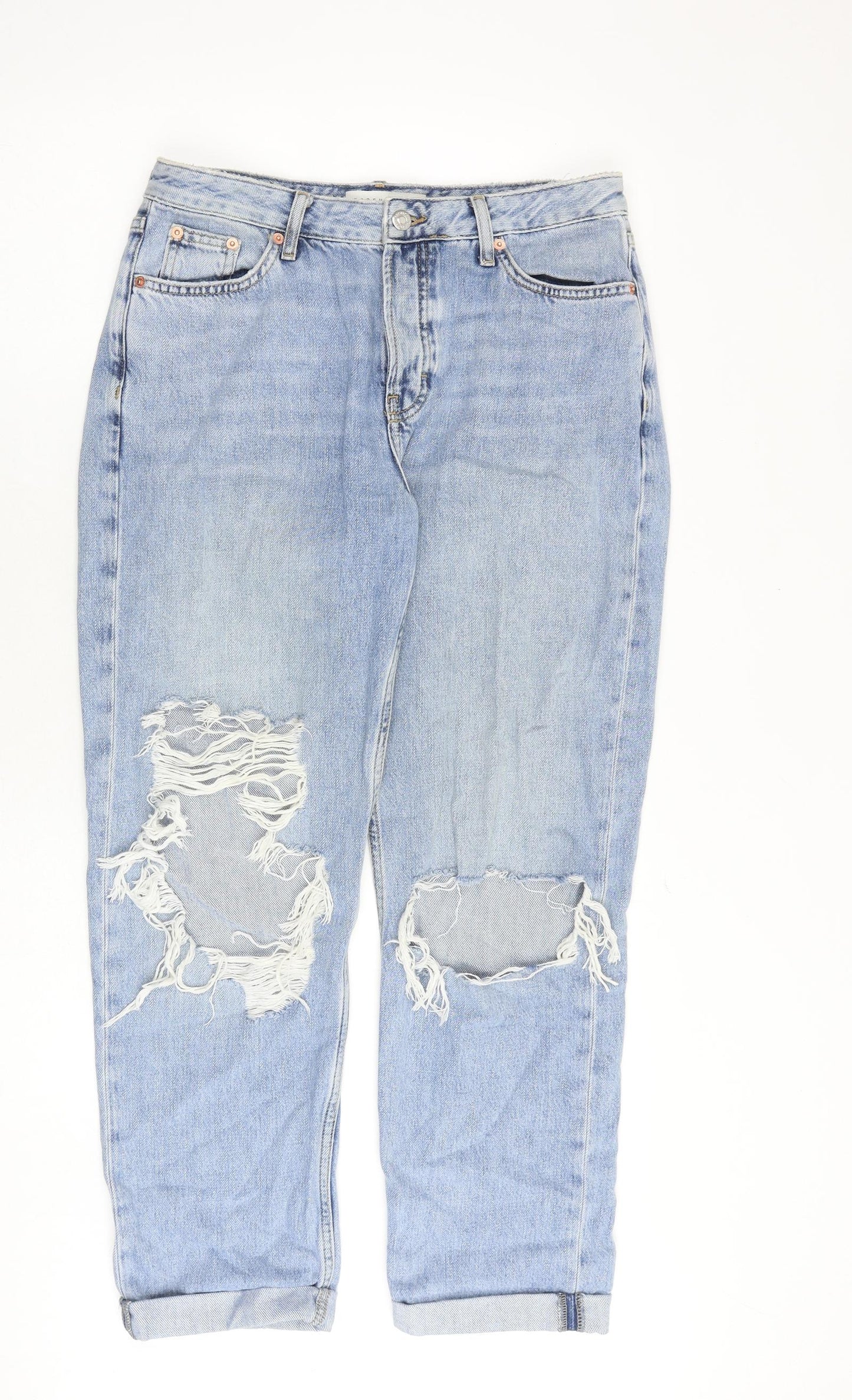 Topshop Womens Blue Cotton Mom Jeans Size 26 in Regular Zip - Open Knee