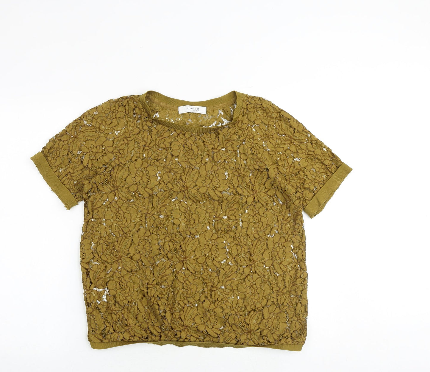 Promod Womens Yellow Floral Cotton Basic Blouse Size 14 Boat Neck