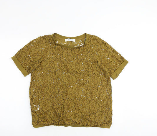 Promod Womens Yellow Floral Cotton Basic Blouse Size 14 Boat Neck