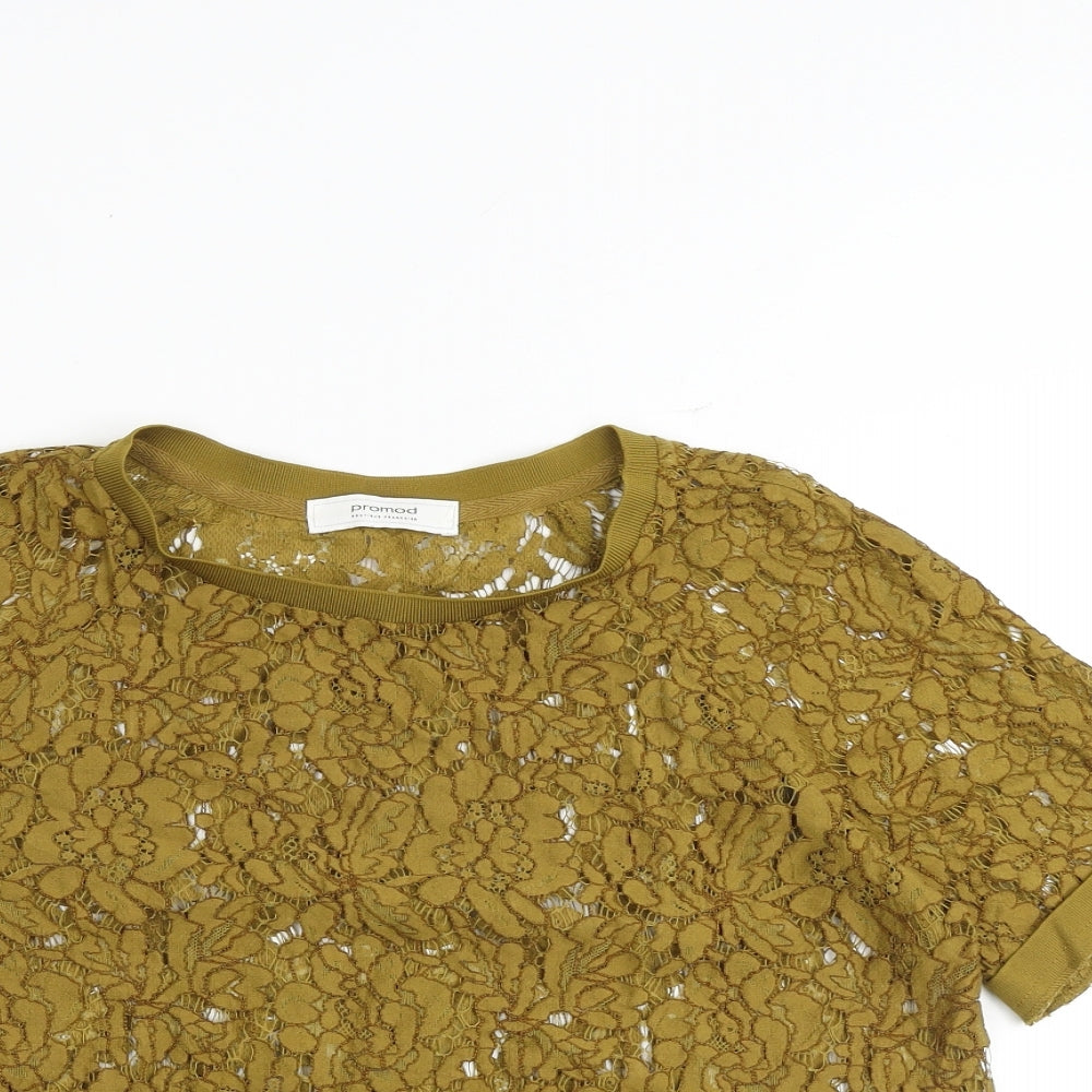 Promod Womens Yellow Floral Cotton Basic Blouse Size 14 Boat Neck