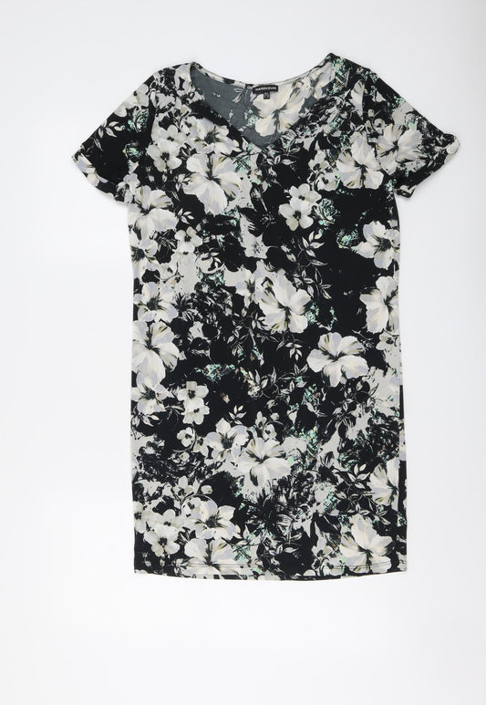 Warehouse Womens Black Floral Polyester A-Line Size 6 V-Neck Pullover