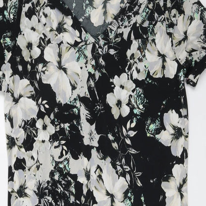 Warehouse Womens Black Floral Polyester A-Line Size 6 V-Neck Pullover