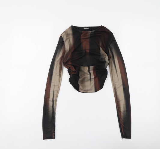 Boohoo Womens Black Geometric Polyester Cropped Blouse Size 6 Boat Neck - Ruched