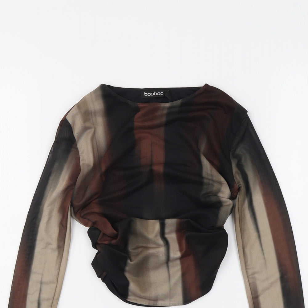 Boohoo Womens Black Geometric Polyester Cropped Blouse Size 6 Boat Neck - Ruched
