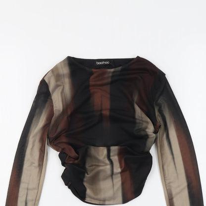 Boohoo Womens Black Geometric Polyester Cropped Blouse Size 6 Boat Neck - Ruched