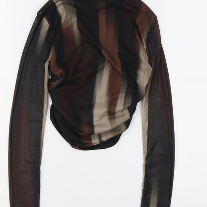 Boohoo Womens Black Geometric Polyester Cropped Blouse Size 6 Boat Neck - Ruched