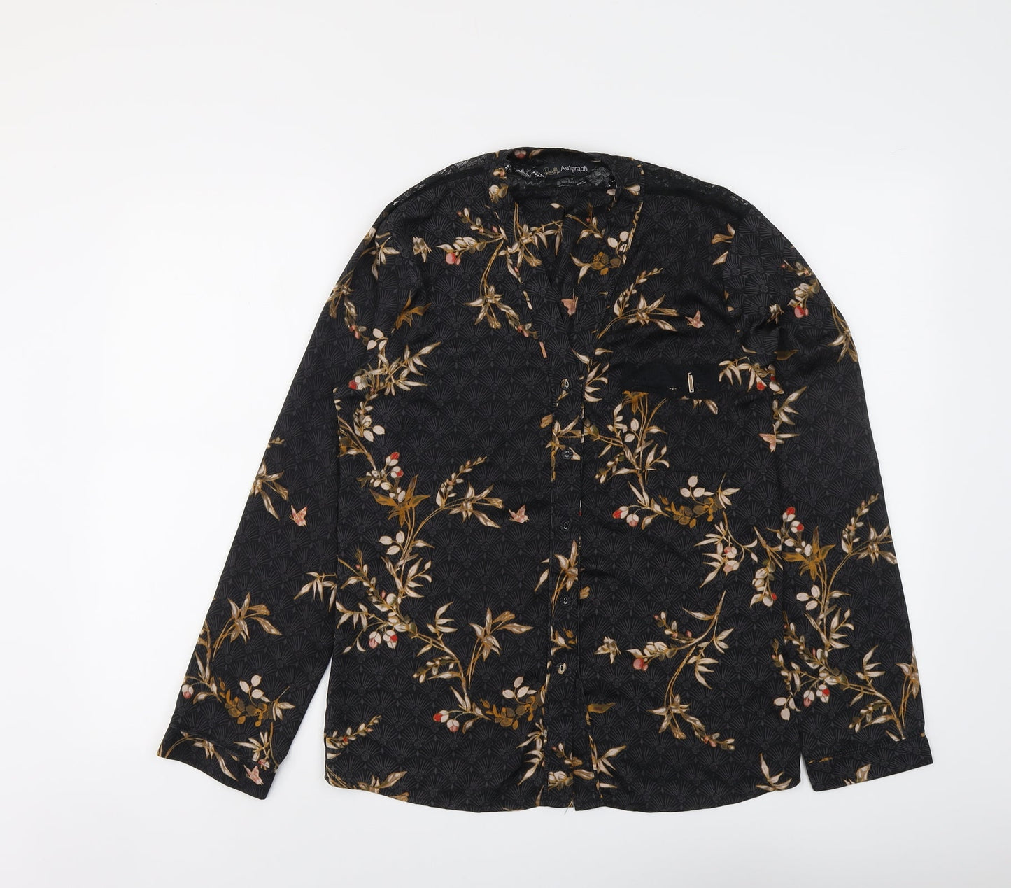 Autograph Womens Black Floral Polyester Basic Button-Up Size 8 V-Neck