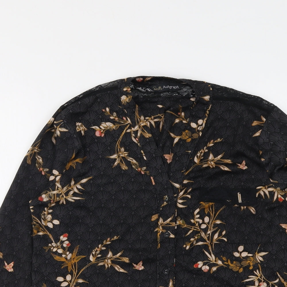 Autograph Womens Black Floral Polyester Basic Button-Up Size 8 V-Neck