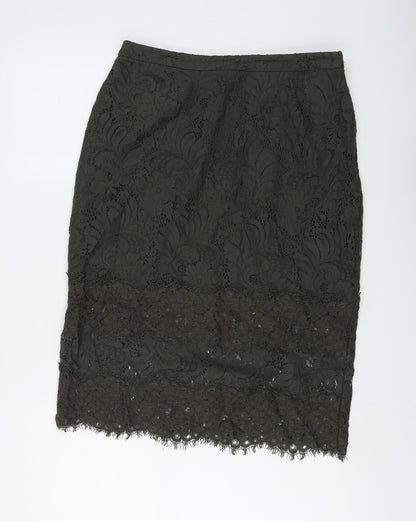 H&M Womens Green Floral Cotton A-Line Skirt Size 14 Zip