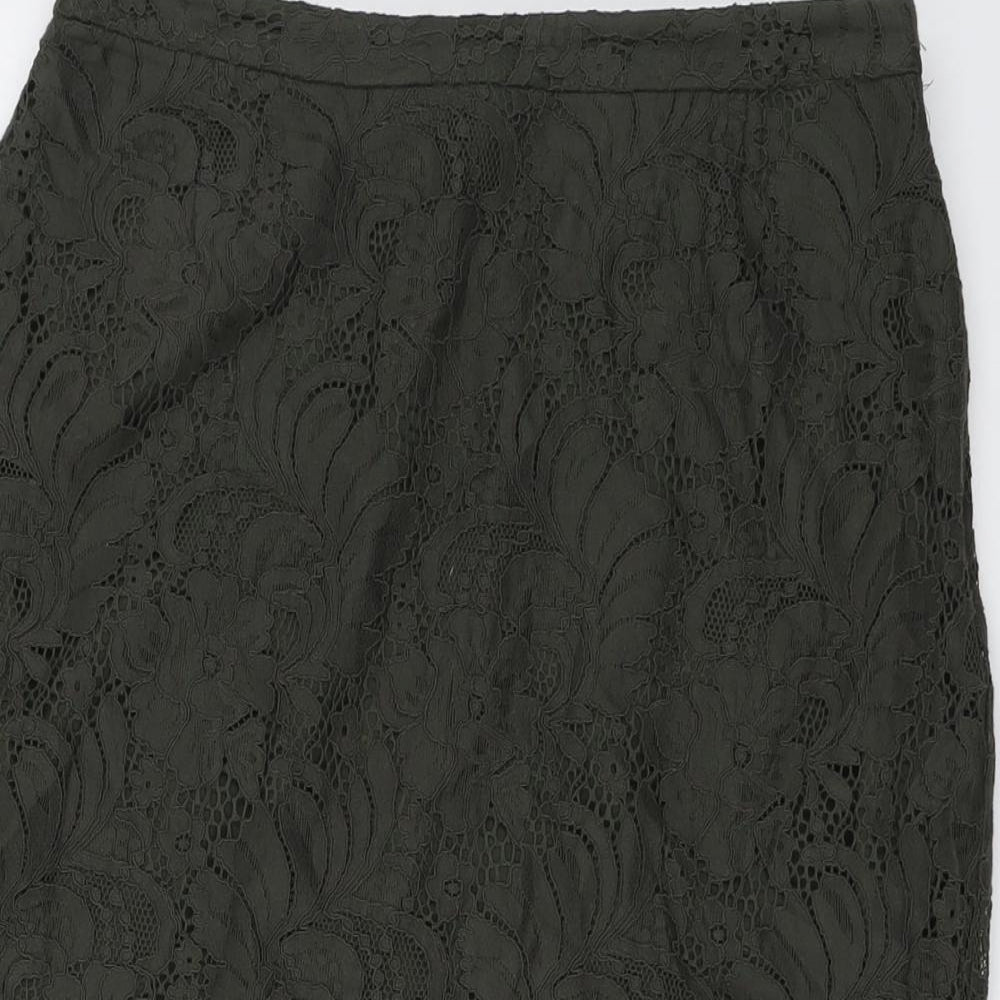 H&M Womens Green Floral Cotton A-Line Skirt Size 14 Zip